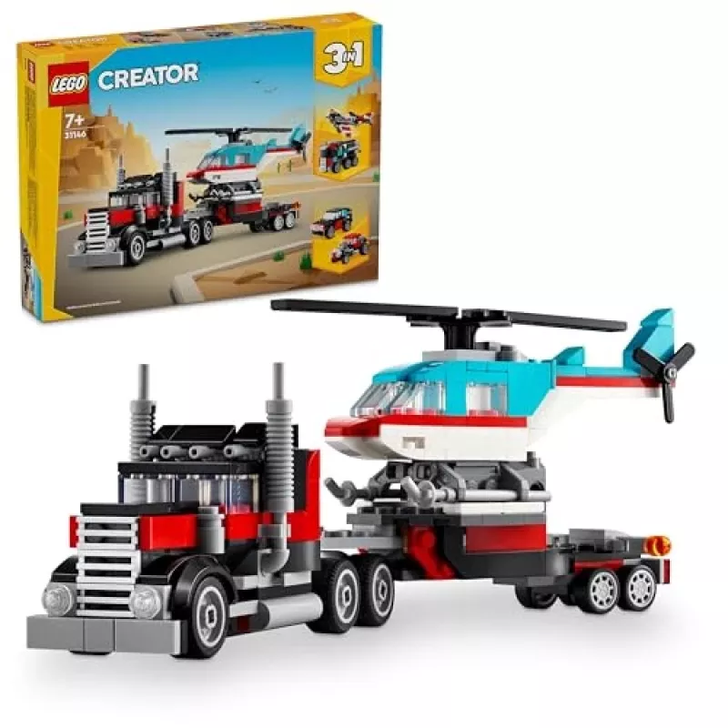 LEGO Creator 3-in-1 31146 Camión de plataforma con helicóptero