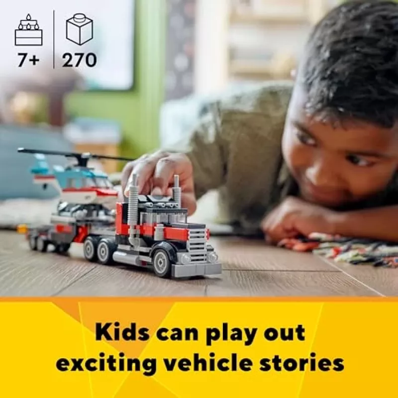 LEGO Creator 3-in-1 31146 Camión de plataforma con helicóptero
