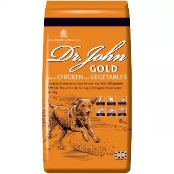 Pienso para perros Dr. John Gold pollo 15 kg saco — adultos, 20% proteína, 9% grasa, apoyo articular