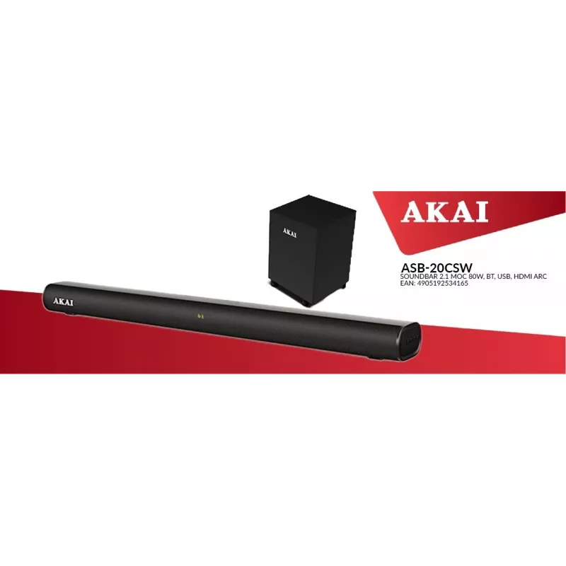 AKAI barra de sonido ASB-20CSW 2.1 80W subwoofer inalámbrico Bluetooth 5.0 HDMI ARC