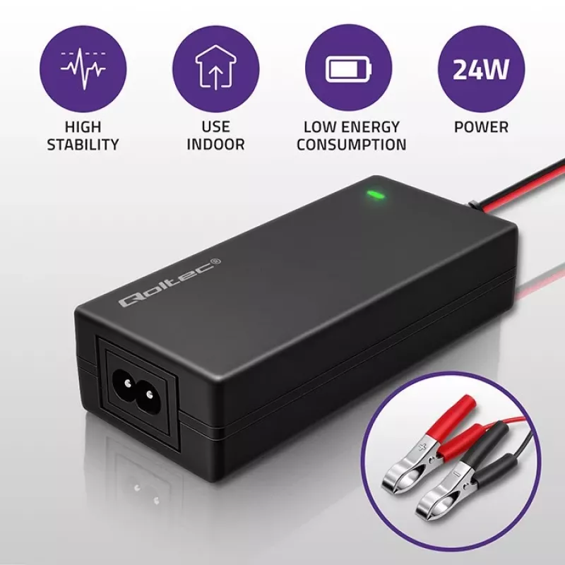 Cargador de batería automático Qoltec para AGM GEL STD | Rectificador 12V | 2A | 24W | LED | Cable 1,8m