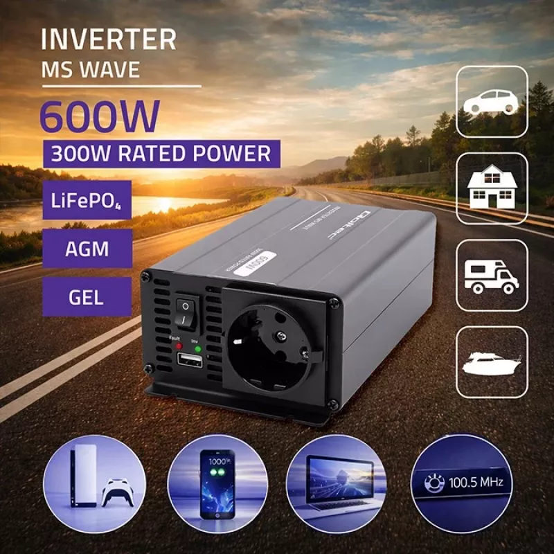 Qoltec Inversor de onda MS 12V a 230V 300/600W USB compatible con LiFePO4 GEL AGM