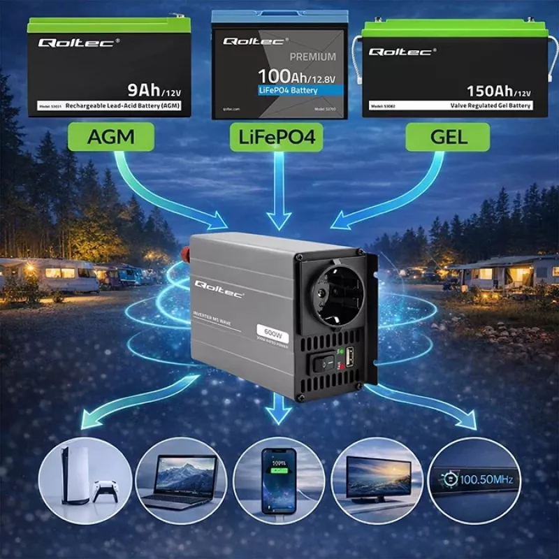 Qoltec Inversor de onda MS 12V a 230V 300/600W USB compatible con LiFePO4 GEL AGM