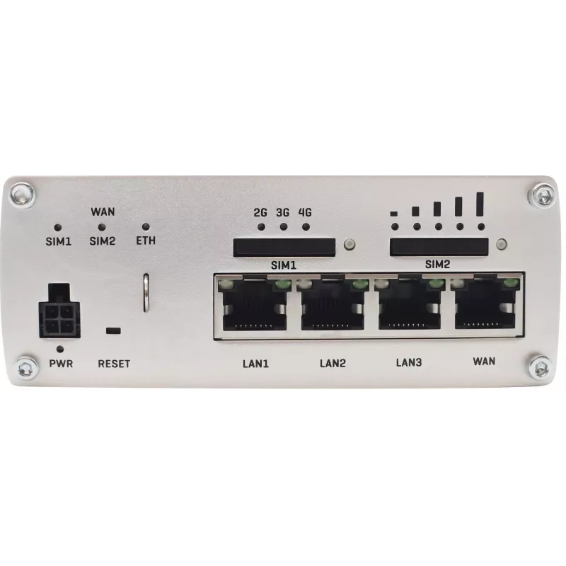 Teltonika RUTX09 router celular industrial 4G LTE-A Cat 6 con switch Gigabit de 4 puertos, Dual SIM, GNSS