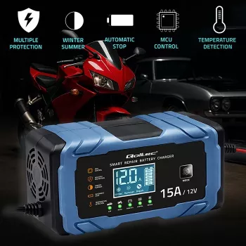 Qoltec cargador inteligente con microprocesador 12V 15A | rectificador con función de reparación | AGM GEL LiFePO4 | carga en 9 etapas