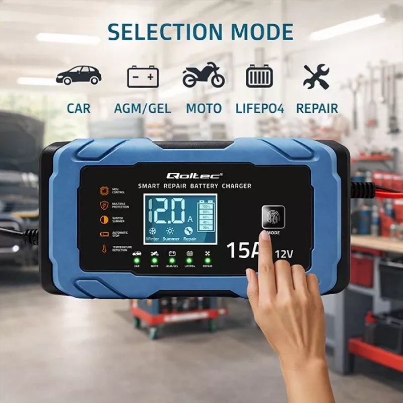 Qoltec cargador inteligente con microprocesador 12V 15A | rectificador con función de reparación | AGM GEL LiFePO4 | carga en 9 etapas