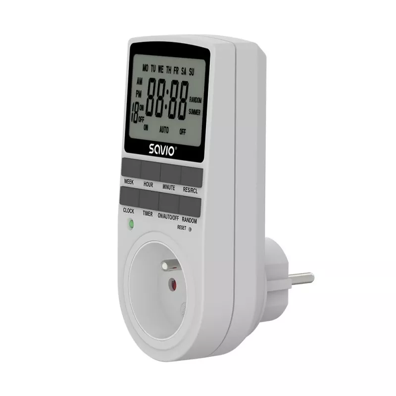 SAVIO AE-03 temporizador digital con pantalla LCD, 10 programas, 16A, enchufe Schuko, blanco