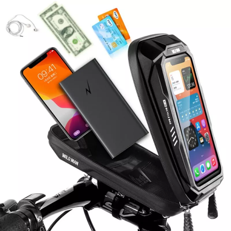 WILDMAN X3 bolsa de manillar para bicicleta con soporte para móvil, negra, carcasa rígida, resistente al agua, hasta 6,7