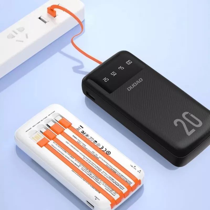Batería externa Dudao K6Pro+ 20000mAh con 4 cables integrados USB-C, Micro USB, Lightning, USB-A (entrada) Negra