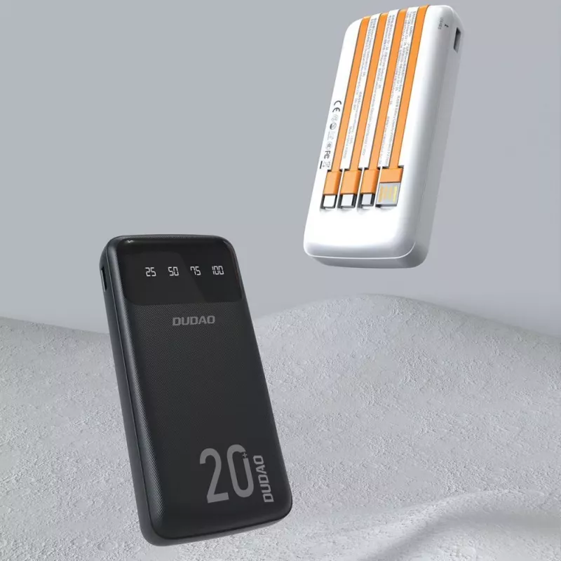 Batería externa Dudao K6Pro+ 20000mAh con 4 cables integrados USB-C, Micro USB, Lightning, USB-A (entrada) Negra