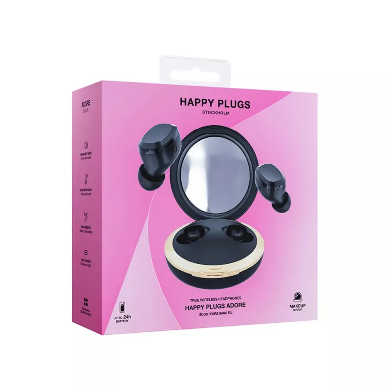 Happy Plugs Adore Auriculares inalámbricos in-ear con estuche de carga con espejo (Negro)
