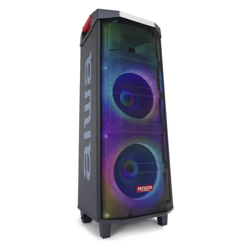 Altavoz portátil para fiestas AIWA Power Audio KBTUS-710MKII 700W con Bluetooth, USB, SD, AUX, radio FM, luces LED, asa con ruedas, ruedas, mando a distancia, micrófono