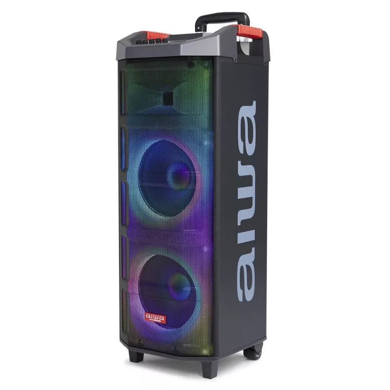 Altavoz portátil para fiestas AIWA Power Audio KBTUS-710MKII 700W con Bluetooth, USB, SD, AUX, radio FM, luces LED, asa con ruedas, ruedas, mando a distancia, micrófono