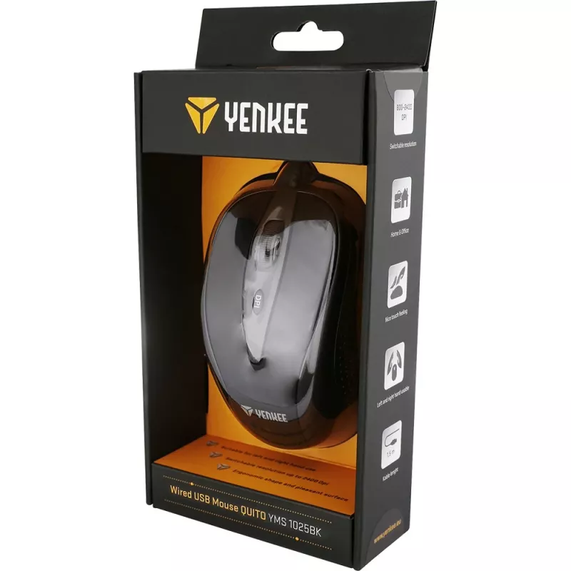 YENKEE YMS 1025 BK QUITO Ratón USB con cable, óptico, 1000 DPI, 4 botones, negro