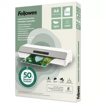 Pack de 100 fundas de laminar mate A4 Fellowes, 80 micras, recicladas
