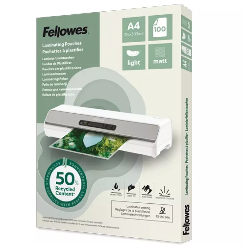 Pack de 100 fundas de laminar mate A4 Fellowes, 80 micras, recicladas