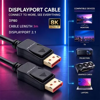 Cable DisplayPort 2.1 Qoltec 3m 8K 54Gbps conector macho a conector macho