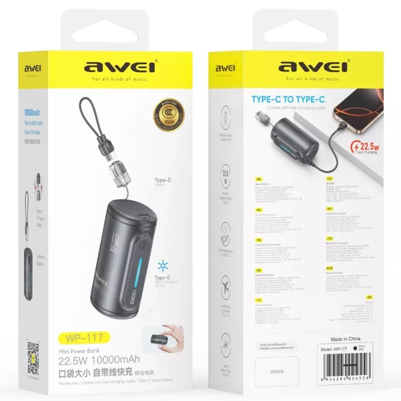 AWEI WP-117 batería externa 10000mAh 22.5W 3C2xUSB-C negra