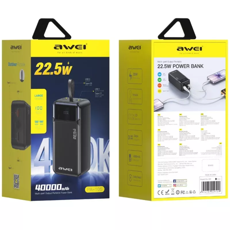 AWEI PA-105 batería externa 40000mAh 22.5W PD QC 3.0 USB-C negra