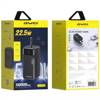 AWEI PA-106 batería externa 50000mAh 22.5W PD 3xUSB-C negra