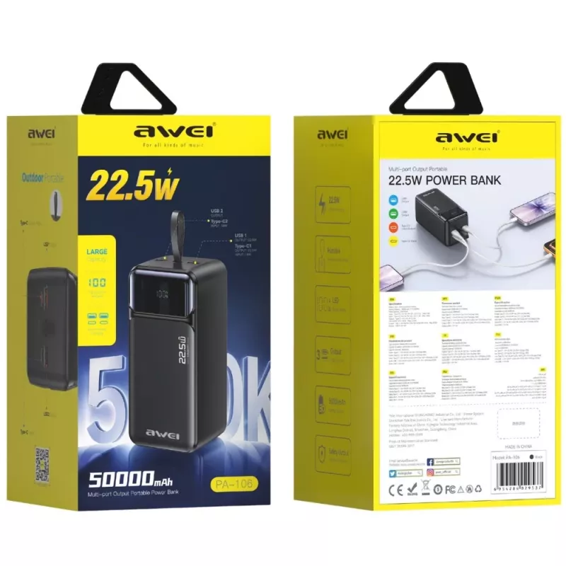 AWEI PA-106 batería externa 50000mAh 22.5W PD 3xUSB-C negra