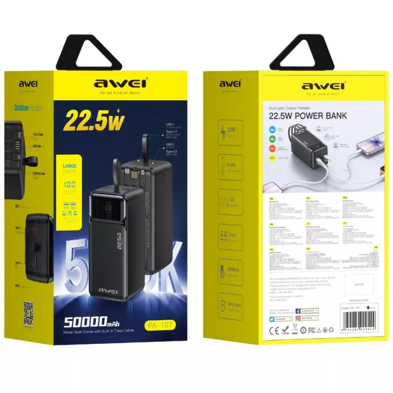 AWEI PA-107 batería externa 50000mAh 22.5W PD 3xUSB negra