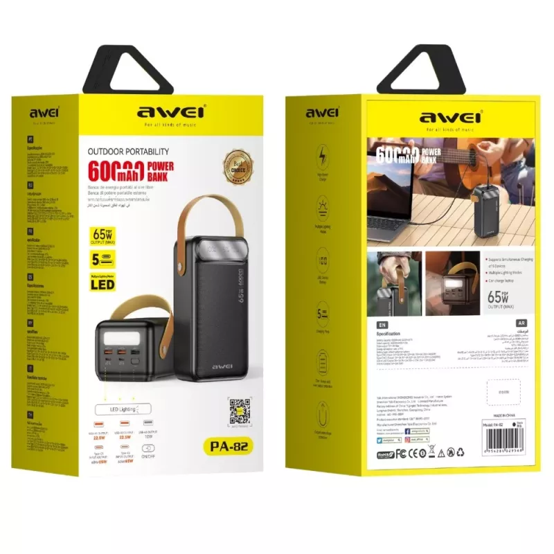 AWEI PA-82 batería externa 60000mAh 65W PD 2xUSB-A/USB-C negra