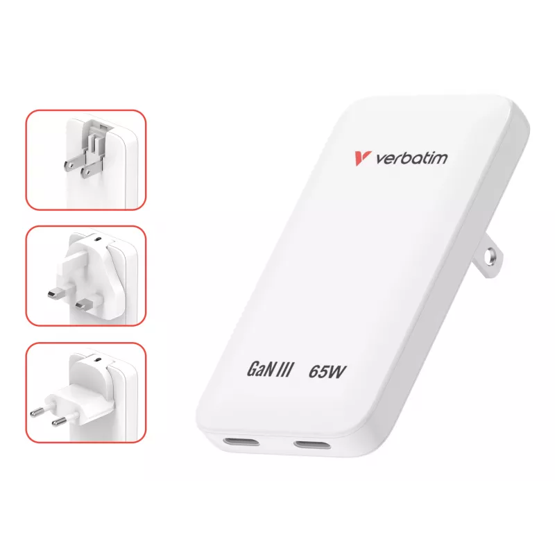 Verbatim Slim GaN Charger 2 puertos 65W (EU/UK/US) Blanco