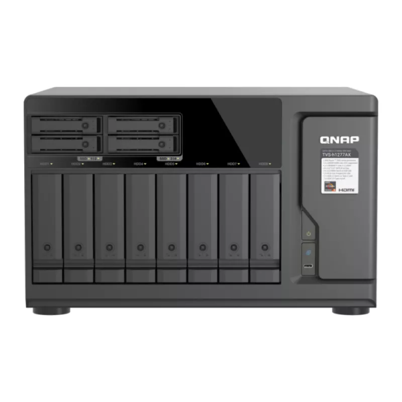 NAS QuTS hero de 12 bahías QNAP TVS-h1277AX-R5-16G, 8x 3.5 SATA + 4