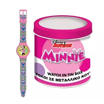 PULIO reloj analógico en lata - Disney Minnie Mouse, correa de piel PU rosa, movimiento de cuarzo, caja de metal de 30mm, resistente a salpicaduras, niñas a partir de 6 años
