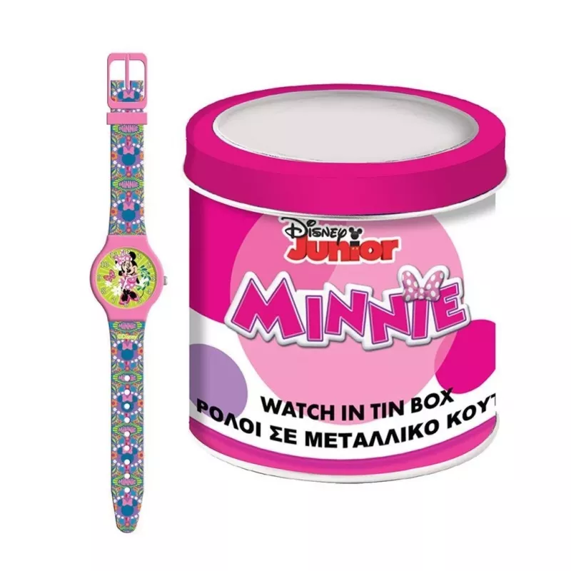 PULIO reloj analógico en lata - Disney Minnie Mouse, correa de piel PU rosa, movimiento de cuarzo, caja de metal de 30mm, resistente a salpicaduras, niñas a partir de 6 años