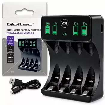 Qoltec 50968 cargador de pilas NiMH para AA/AAA con LCD y cable USB-C, negro
