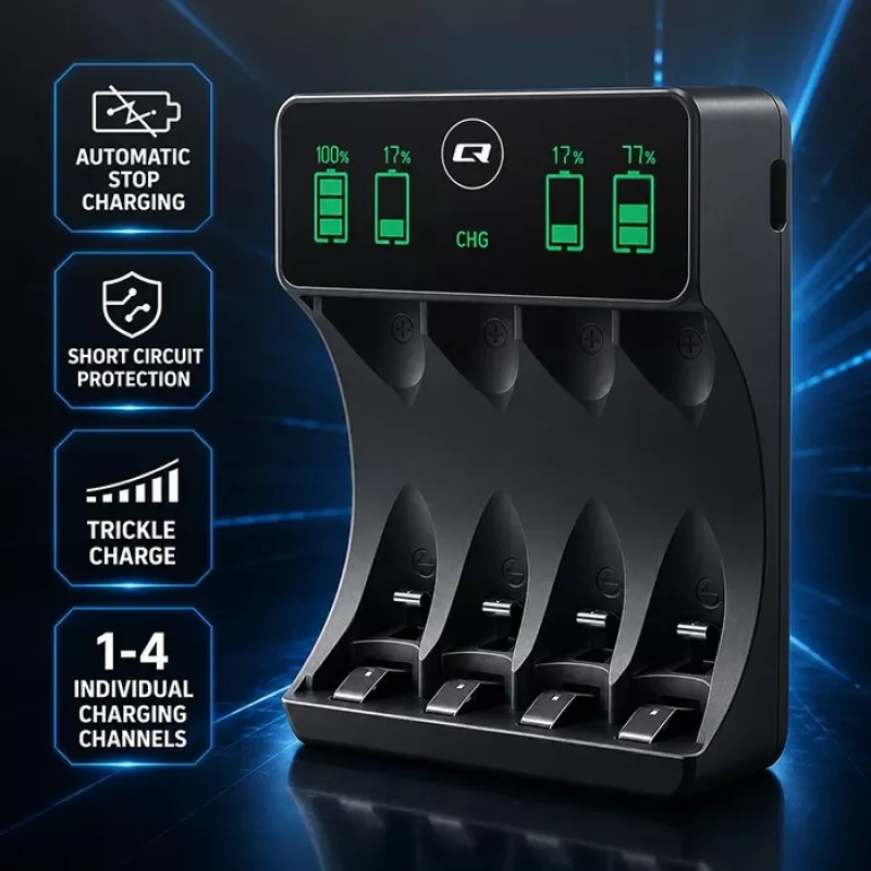 Qoltec 50968 cargador de pilas NiMH para AA/AAA con LCD y cable USB-C, negro
