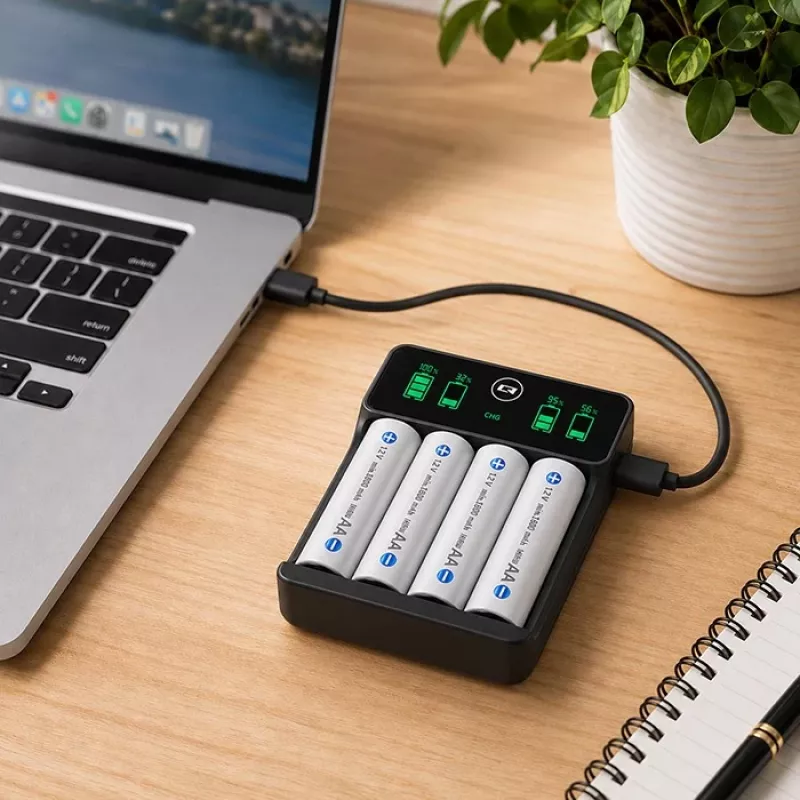 Qoltec 50968 cargador de pilas NiMH para AA/AAA con LCD y cable USB-C, negro