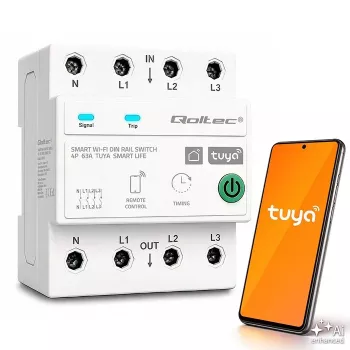 Qoltec 50976 relé inteligente Wi-Fi trifásico 63A, carril DIN, 3P+N, temporizador, Tuya