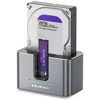 Qoltec 2en1 base de acoplamiento HDD SSD SATA M.2 NVMe con función de clonación, USB-C 3.2 Gen 2, 10Gbps, hasta 28TB, Aluminio