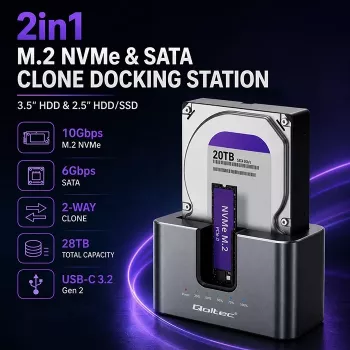 Qoltec 2en1 base de acoplamiento HDD SSD SATA M.2 NVMe con función de clonación, USB-C 3.2 Gen 2, 10Gbps, hasta 28TB, Aluminio