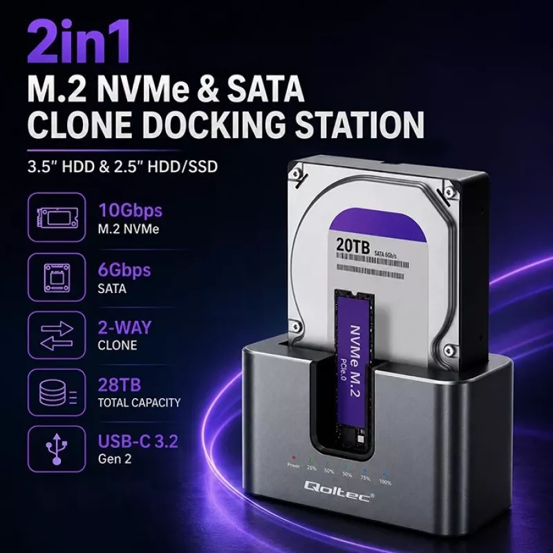 Qoltec 2en1 base de acoplamiento HDD SSD SATA M.2 NVMe con función de clonación, USB-C 3.2 Gen 2, 10Gbps, hasta 28TB, Aluminio