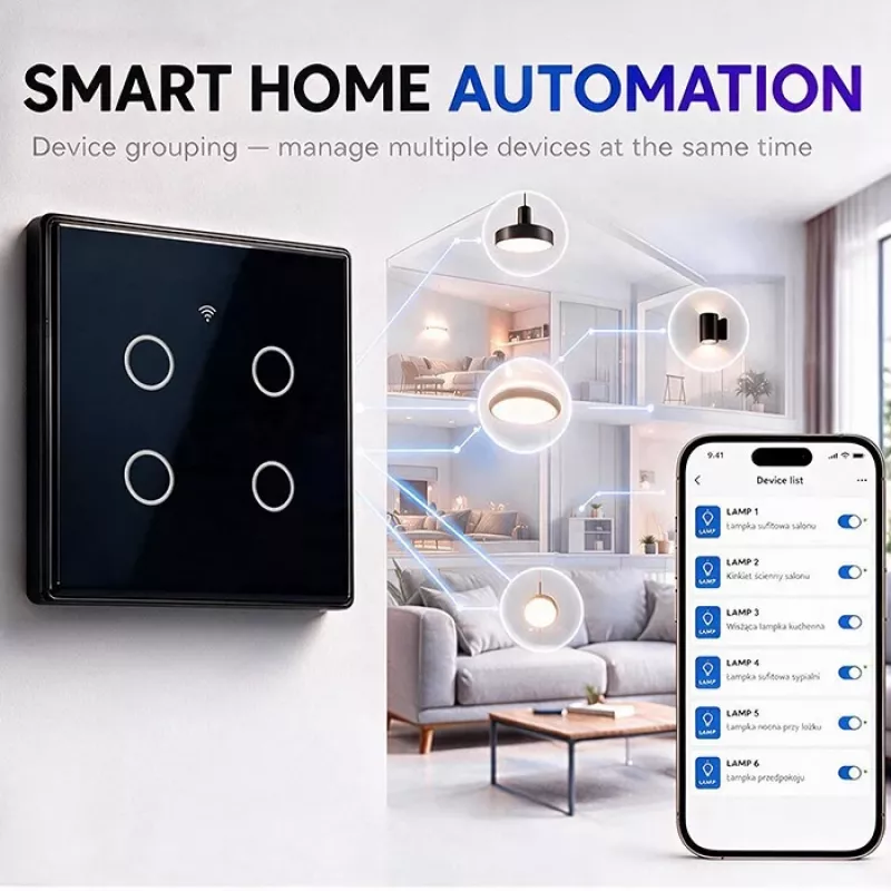 Qoltec interruptor de luz táctil inteligente 4 canales Wi-Fi temporizador Tuya | Cristal templado | Blanco
