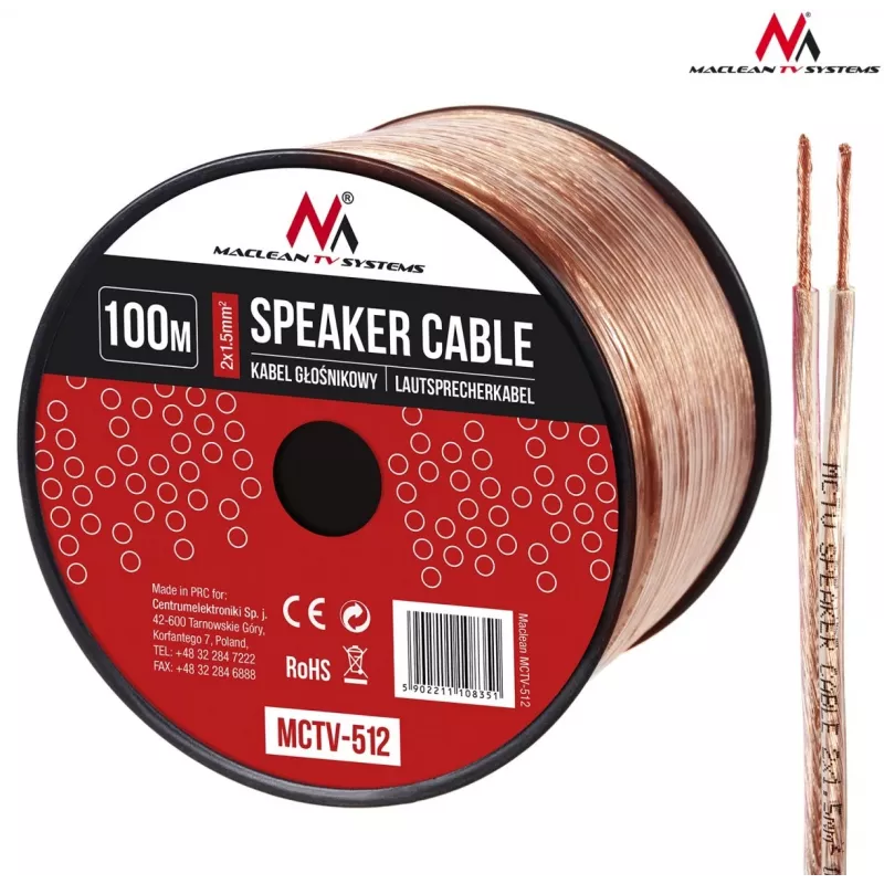 MACLEAN MCTV-512 Cable de altavoz 100m 2x1,5mm² transparente OFC rollo