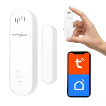 GREENBLUE GB478 Sensor inalámbrico WiFi para puertas/ventanas – Contacto magnético inteligente, app Tuya y Gosund, Alexa/Google, a pilas, blanco