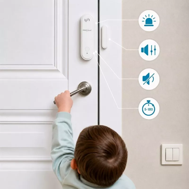 GREENBLUE GB478 Sensor inalámbrico WiFi para puertas/ventanas – Contacto magnético inteligente, app Tuya y Gosund, Alexa/Google, a pilas, blanco