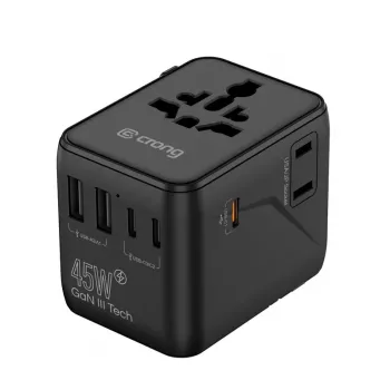 Adaptador de viaje Crong One World GaN 45W UK/EU/US/AU Negro