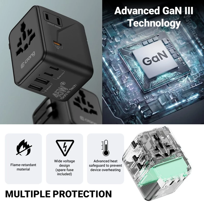 Adaptador de viaje Crong One World GaN 45W UK/EU/US/AU Negro