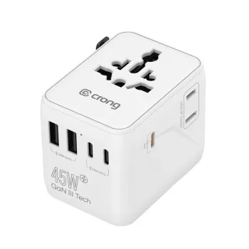 Adaptador de viaje Crong One World GaN 45W UK/EU/US/AU Blanco