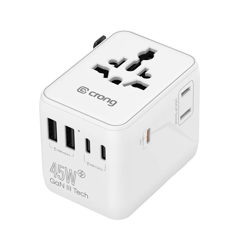 Adaptador de viaje Crong One World GaN 45W UK/EU/US/AU Blanco