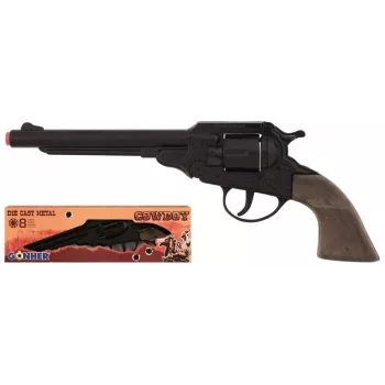 Pistola de fogueo PULIO Cowboy Revolver metal 8 disparos - Negro/Plata con empuñaduras marrones