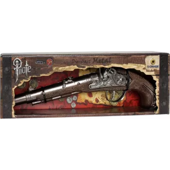 Pistola de juguete PULIO Gonher pistola pirata de metal, metal fundido y plástico, 8 disparos con cápsulas de anillo, Negro/Gris con empuñadura marrón, a partir de 8 años