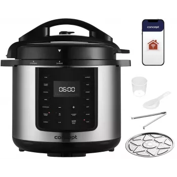 CONCEPT CK8001 Olla multifunción, 5L, 900W, 10 programas, LED, olla cerámica antiadherente, inicio diferido, función mantener caliente, Negro/Plata