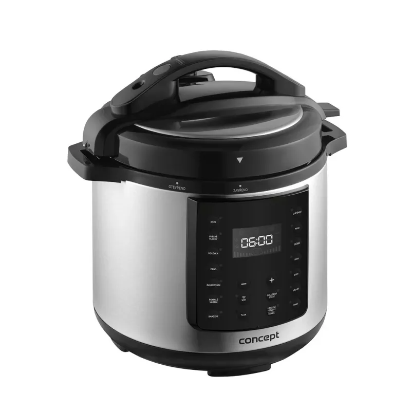 CONCEPT CK8001 Olla multifunción, 5L, 900W, 10 programas, LED, olla cerámica antiadherente, inicio diferido, función mantener caliente, Negro/Plata